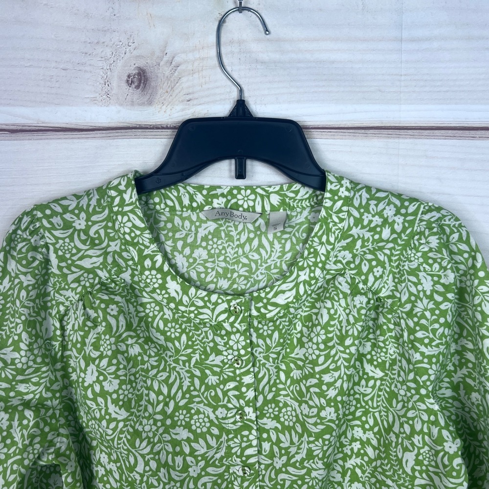 AnyBody Top Womens S Green Floral Blouse Button Up Long Sleeve Cotton Boho Woven - Picture 2 of 7